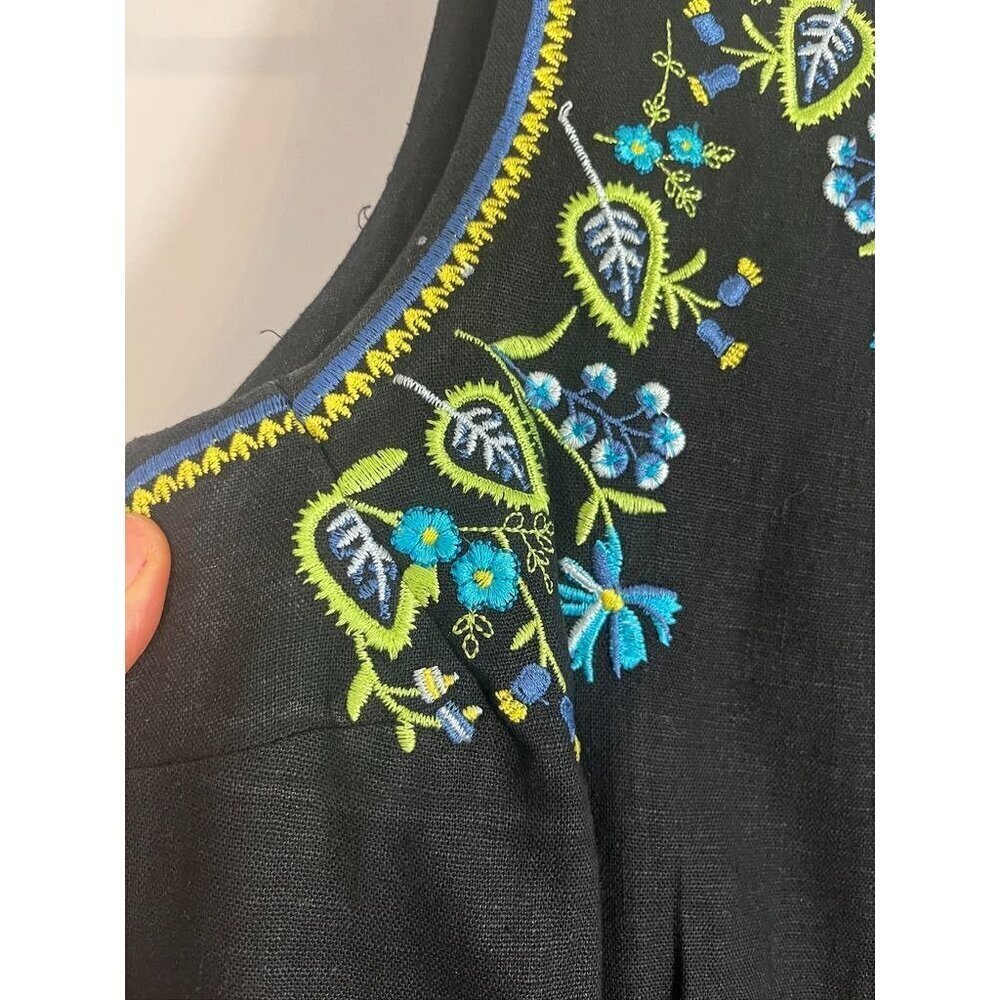 Retro Floral Linen Tank Dress 14 Black Cottagecore Embroidery Boho Old Money 90s - Picture 3 of 13